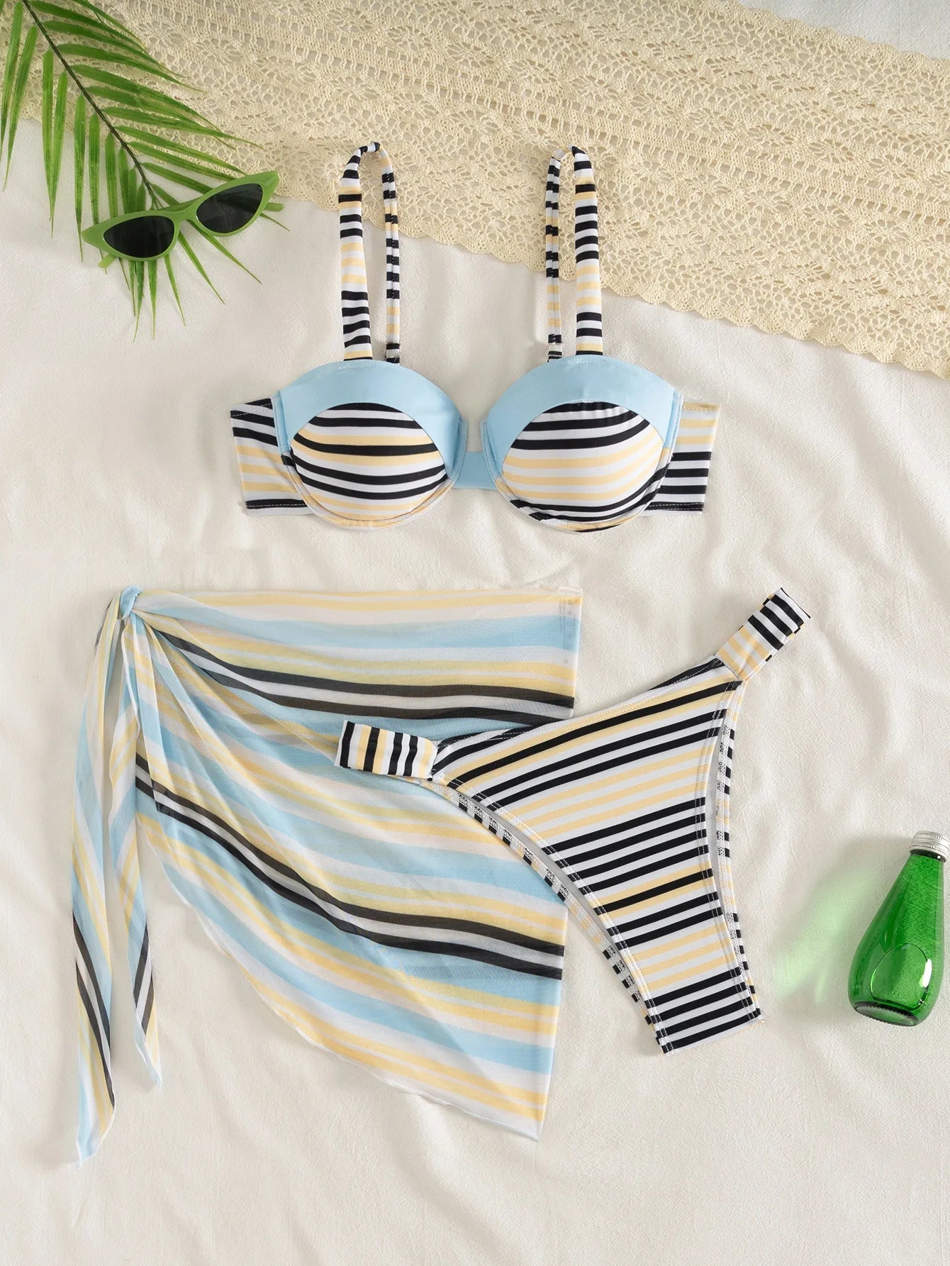 Striped Bikini Set Tummy Control Two Piece Swimsuit with Sarong Wrap 3 Piece Panties