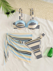 Striped Bikini Set Tummy Control Two Piece Swimsuit with Sarong Wrap 3 Piece Panties