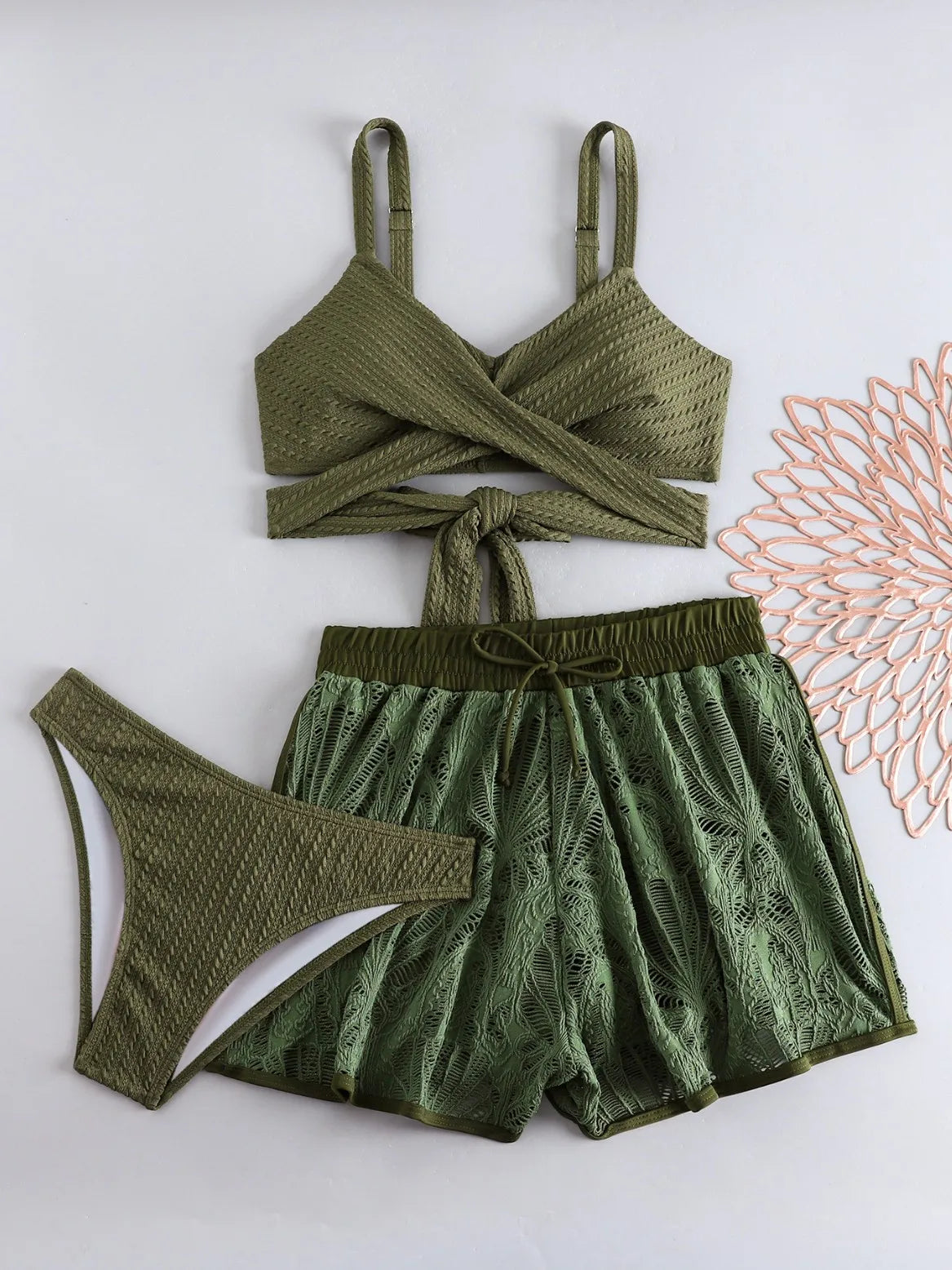 Triangle Bikini Set Bra Swimsuited Bottom See Through Cover Up 3 PCS
