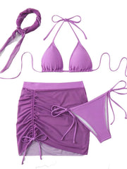 Sheer Mesh Bikini Set 3 Piece Swimset Solid Color Cover-Up Swimsuit for Swimwear Setwear