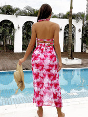 Sheer Mesh Bikini Set Backless 3 Piece with Printed Top Sundress