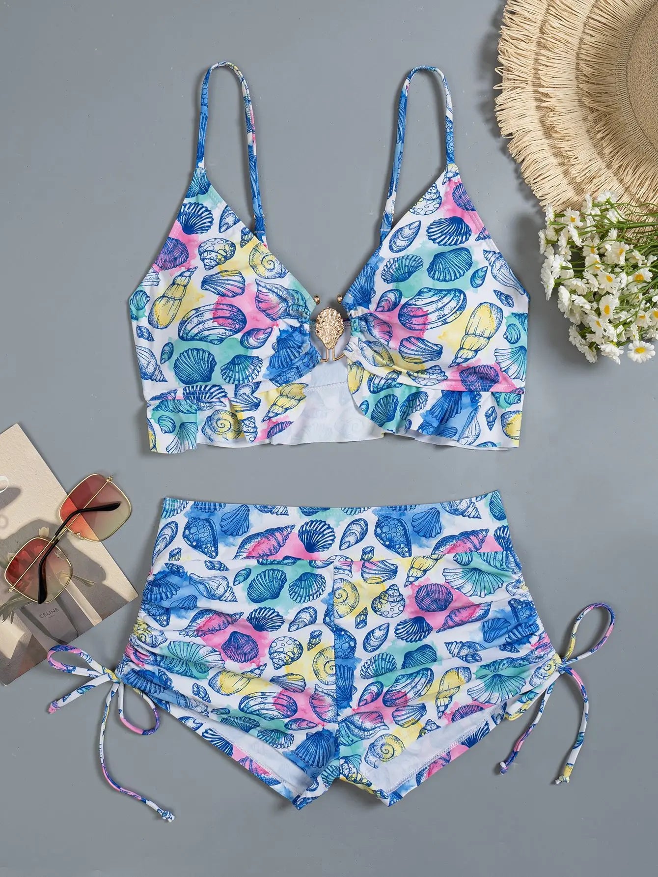 Shell Print Two Piece Bikini Set Tummy Control Casual Swimsuit Set