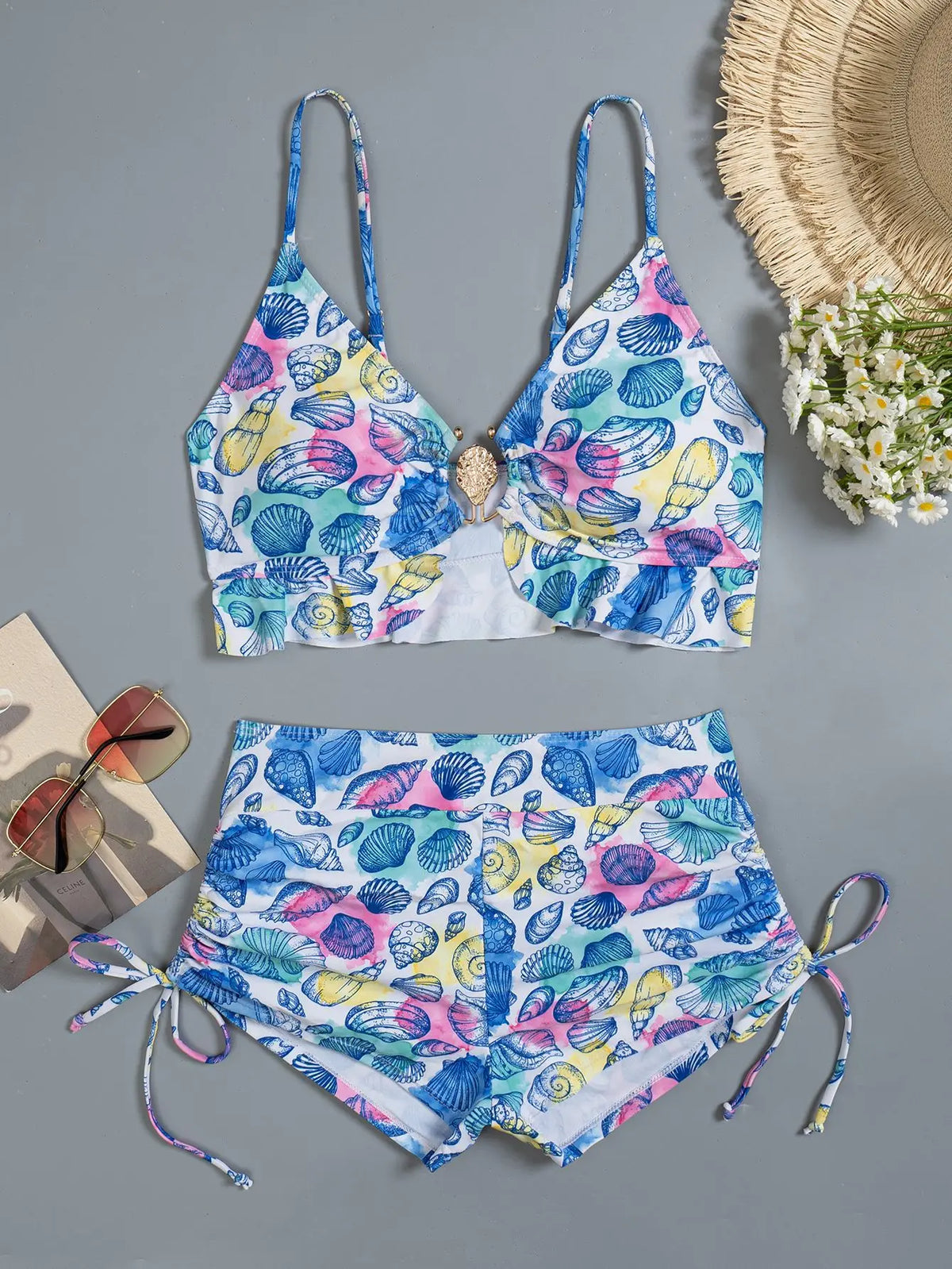 Shell Print Two Piece Bikini Set Tummy Control Casual Swimsuit Set