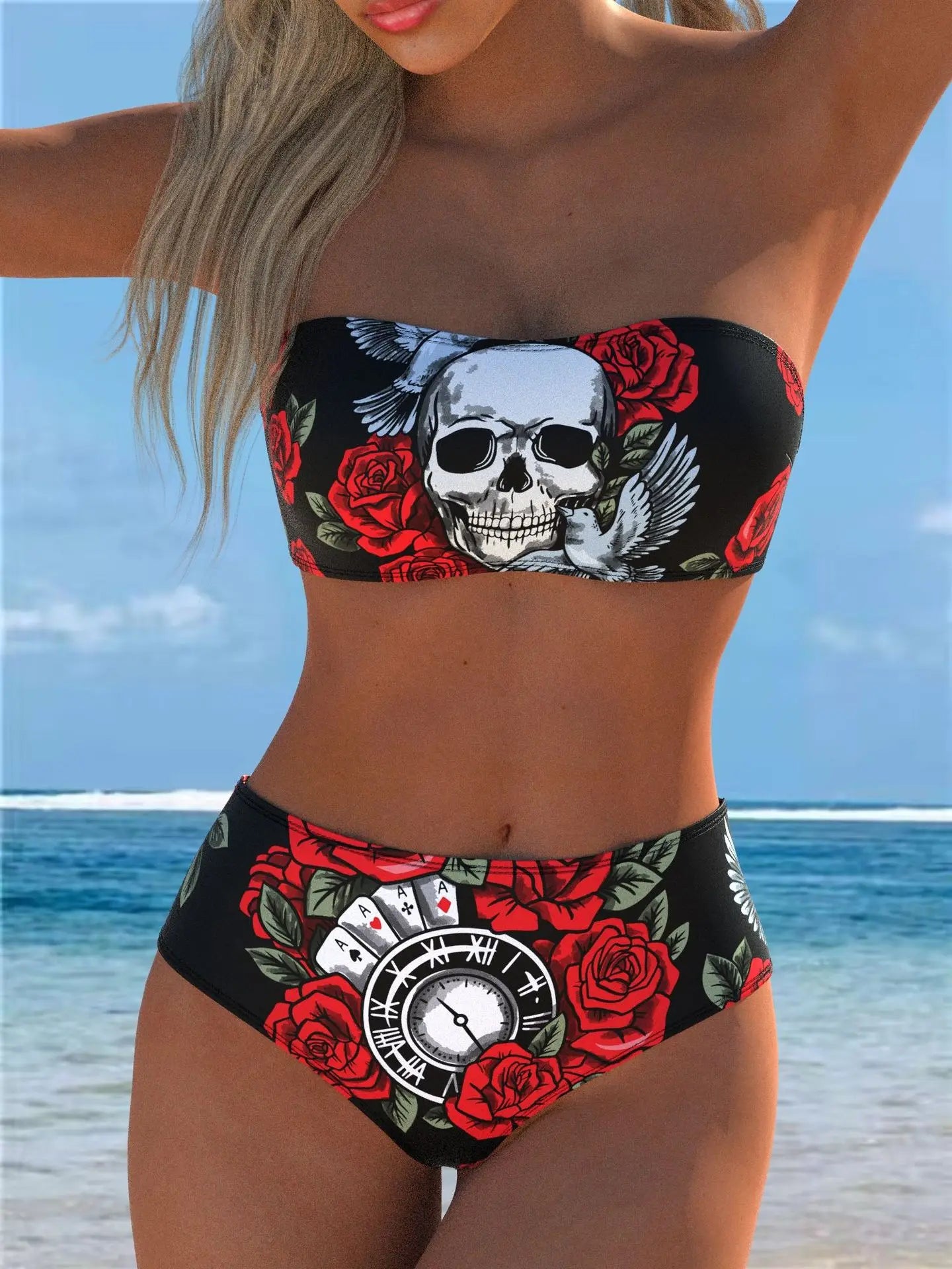 Skull Flower Print Bandeau Two Piece Bikini Seted Swimsuit Swimsuit