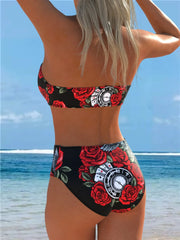 Skull Flower Print Bandeau Two Piece Bikini Seted Swimsuit Swimsuit