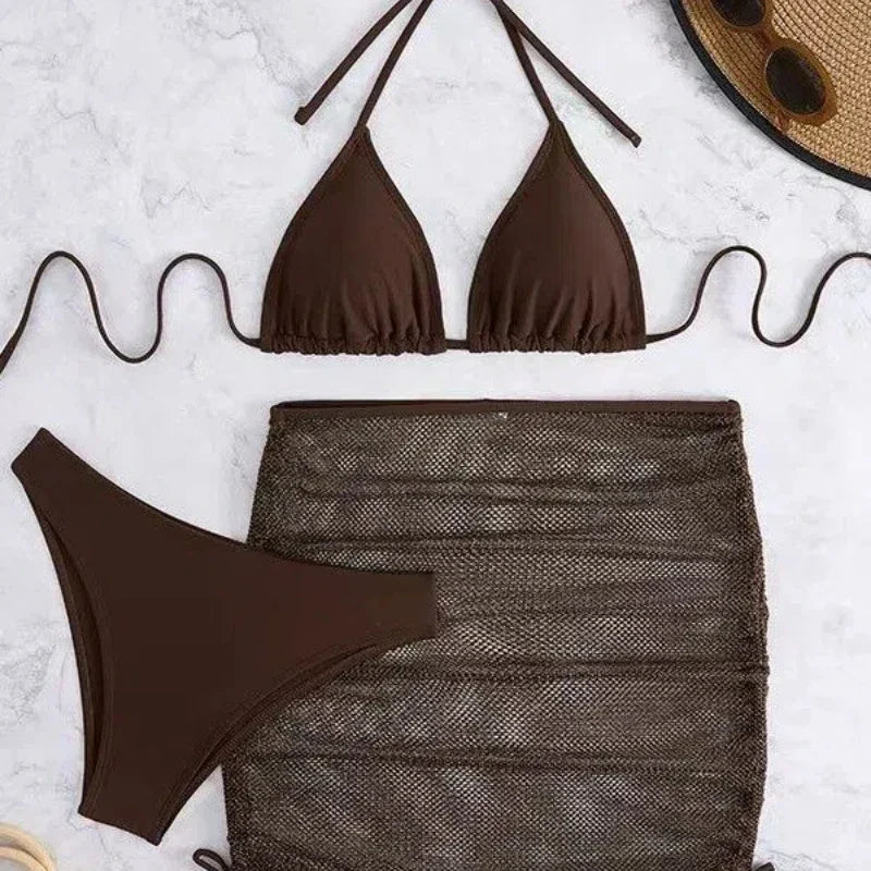 Solid Color Cutout Bikini Set 3Pcs Back Tie & Lace-Up Front Bodycon Fit Mini Open Back Bikini Set