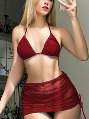 Solid Color Cutout Bikini Set 3Pcs Back Tie & Lace-Up Front Bodycon Fit Mini Open Back Bikini Set