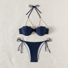Solid Color Halter Tie Side Two Piece Bikini Set Pearl Shell Decor Triangle Swimsuit