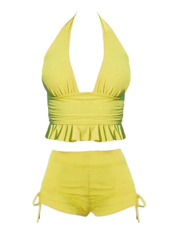 Solid Color Halter Two Piece Bikini Set Solid Color Swimsuit Set