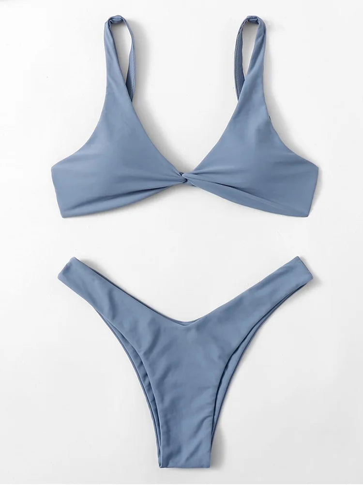 Solid Color High Cut Tie Side Bikini Set Tummy Control Two Piece Swimsuit