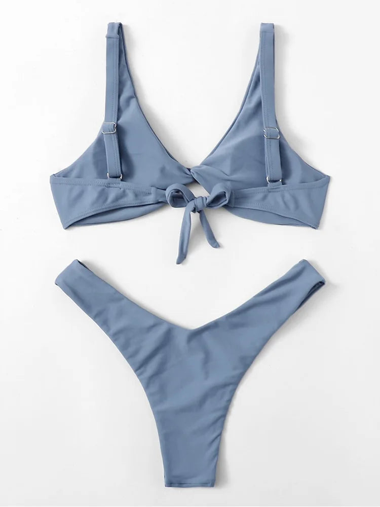 Solid Color High Cut Tie Side Bikini Set Tummy Control Two Piece Swimsuit