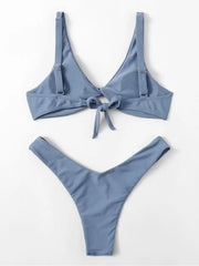 Solid Color High Cut Tie Side Bikini Set Tummy Control Two Piece Swimsuit