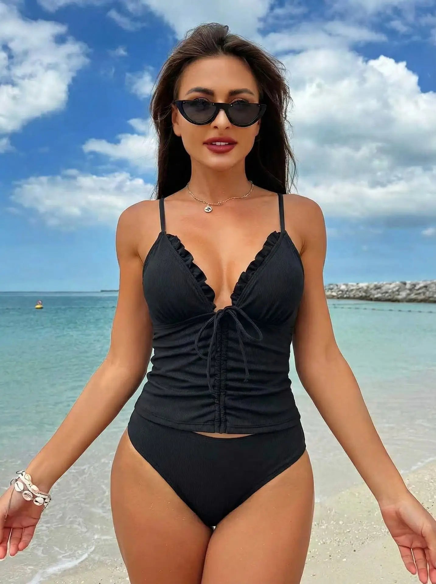Solid Color Lace Trim Drawstring V Neck Halter Two Piece Bikini Set Swimsuit Panties Bathing Suit