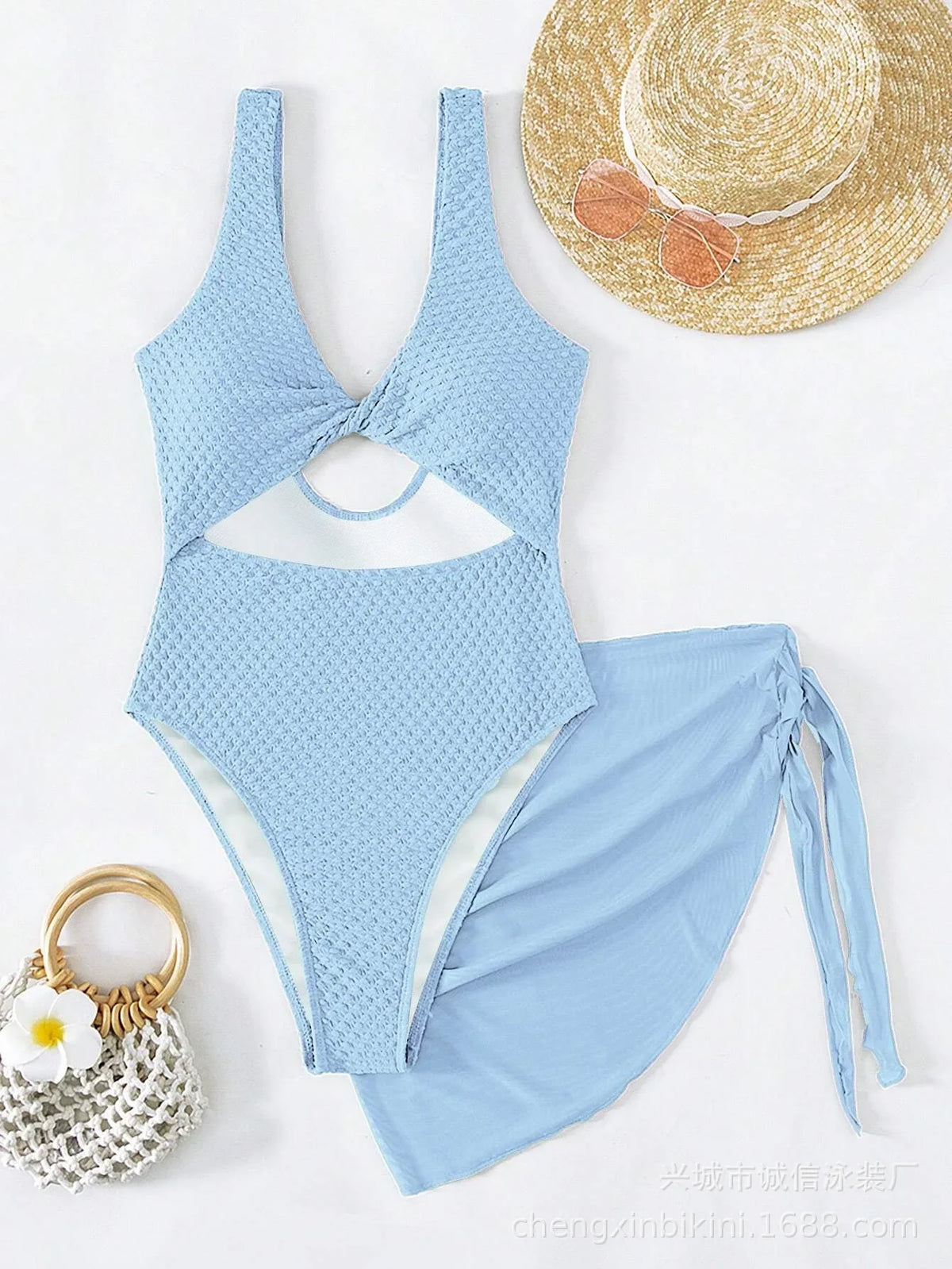 Solid Color One Piece Swimsuit Mesh Tummy Control Two Piece Set Outfit