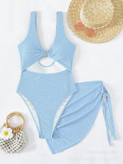 Solid Color One Piece Swimsuit Mesh Tummy Control Two Piece Set Outfit