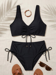 Solid Color Ruched Tie Side Bikini Set Minimalist Tummy Control Two Piece Swimsuit