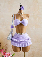 Solid Color 3 Piece Bikini Set Two Piece Swimsuit with Cover Up Swimwear Mini 3PCS