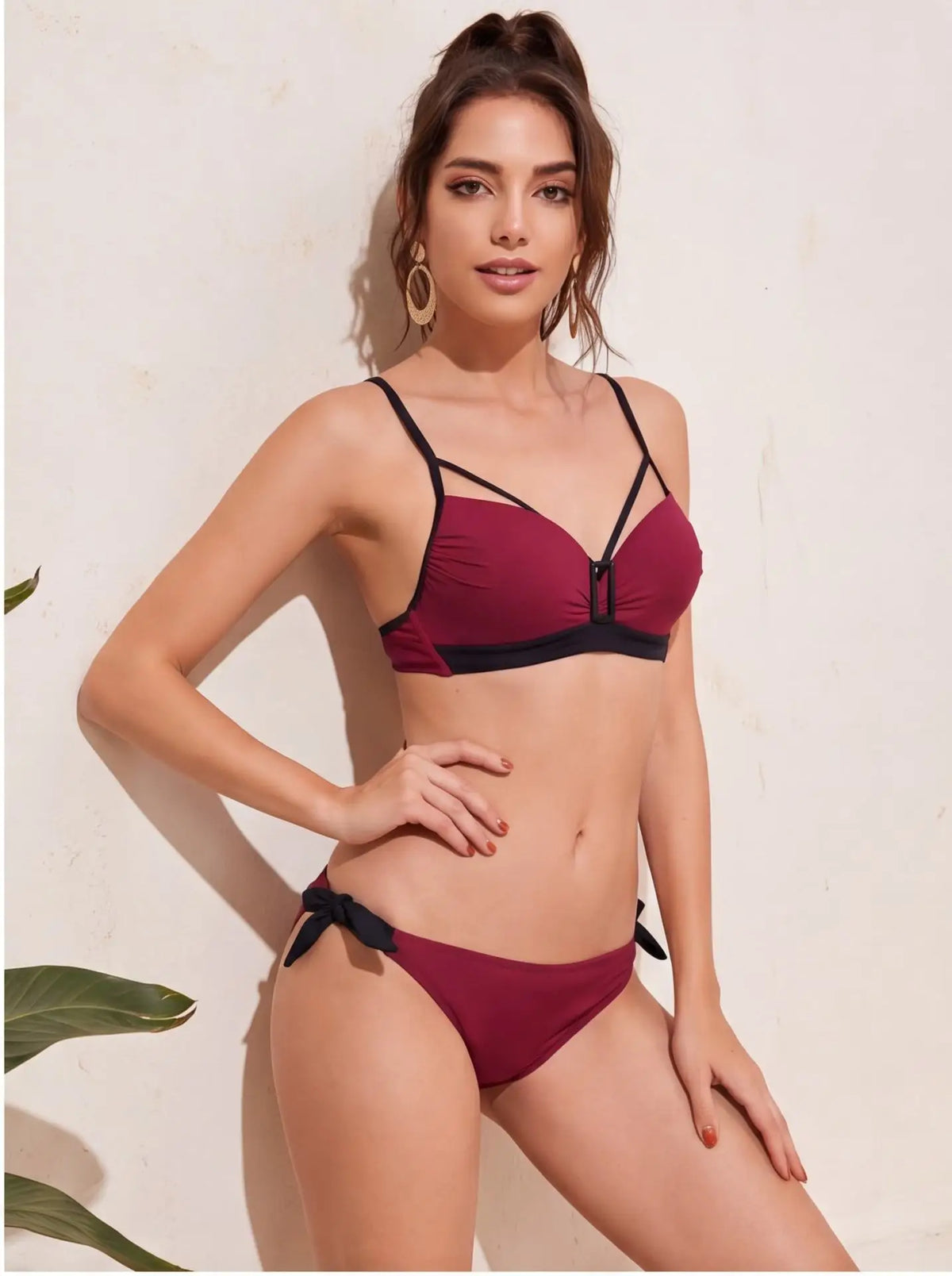 Solid Color Two Piece Bikini Set Clean Swimsuit Low Waist Bandage Panties Set