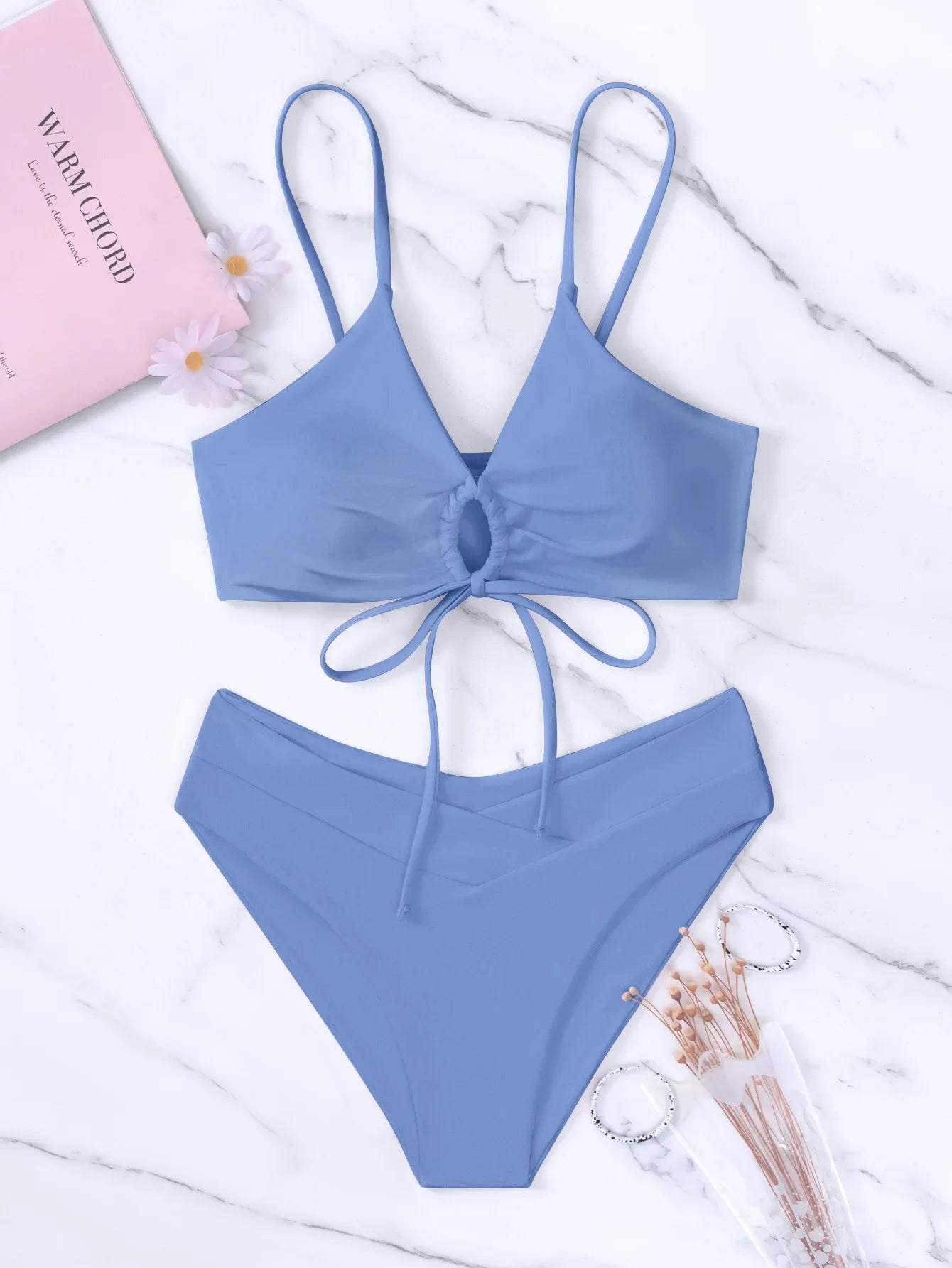 Solid Color Two Piece Bikini Set Tummy Control Swimwear Panties