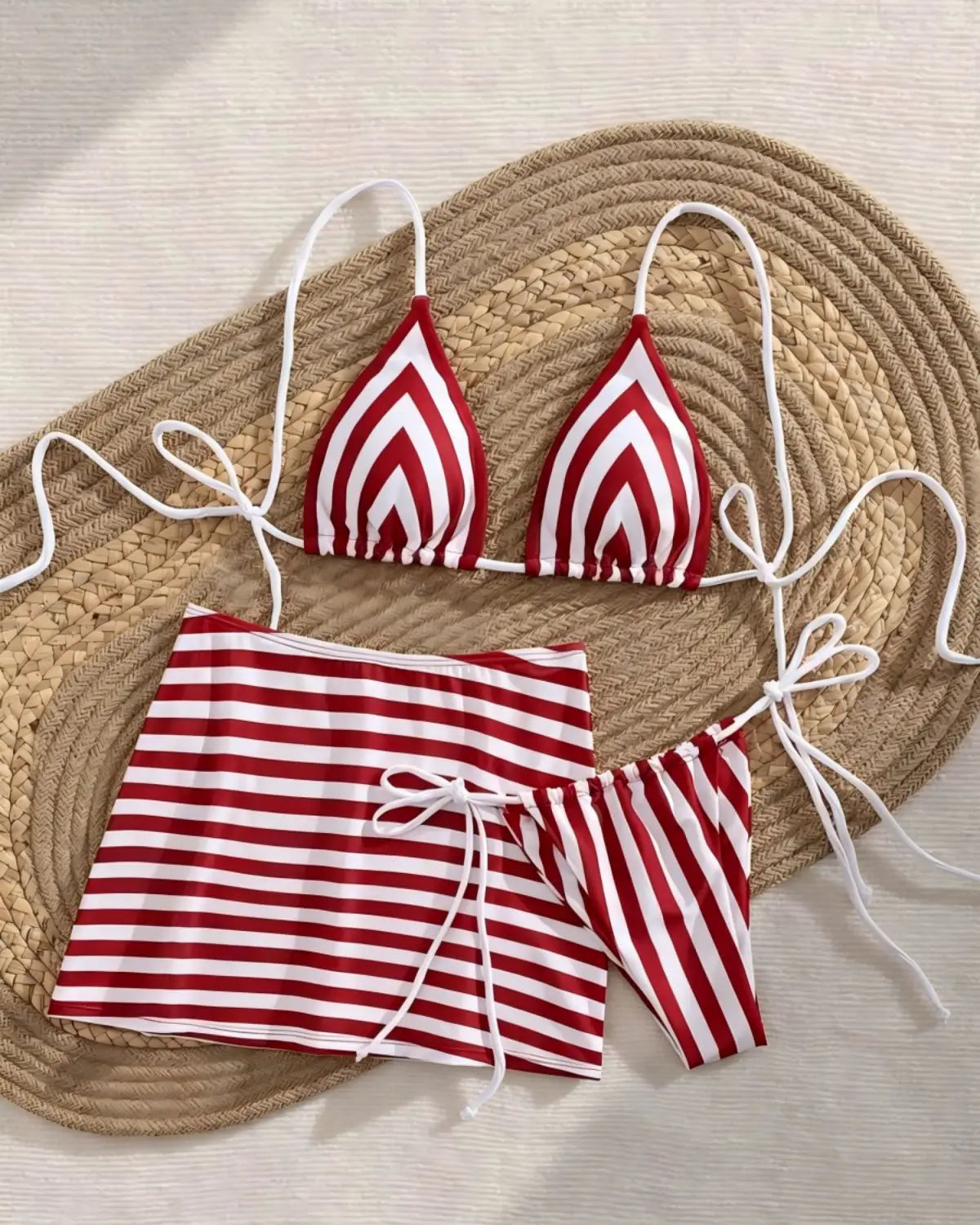 Striped 3 Piece Bikini Set Two Piece Swimsuit with Cover Up Swimwear Thongs