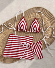 Striped 3 Piece Bikini Set Two Piece Swimsuit with Cover Up Swimwear Thongs