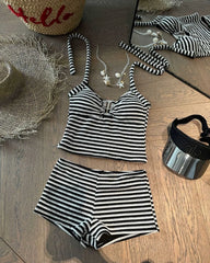 Stripeded Two Piece Bikini Set Tummy Control Boyleg Swimsuit