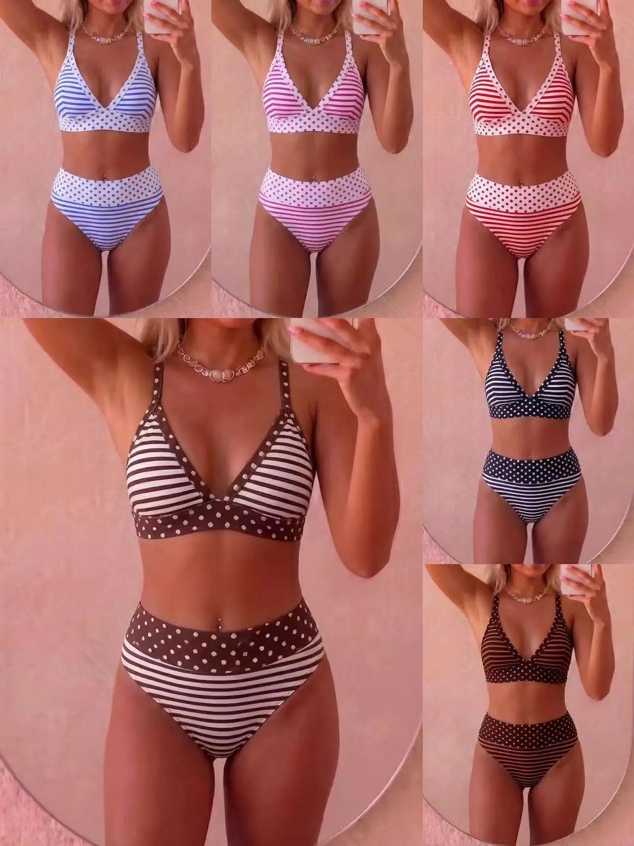 Striped Polka Doted Two Piece Bikini Set Corset Swimsuit Panties Sets