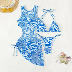 Striped Print 3 Piece Bikini Set Tummy Control Two Piece Swimsuit with UPF Cover Up Swimwear Sets