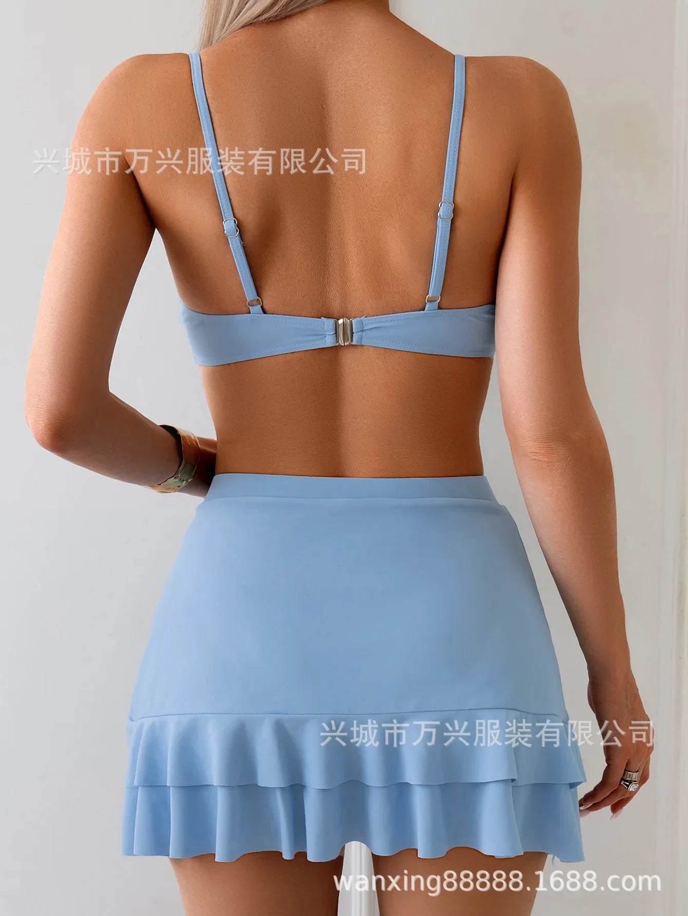 Paddeded Bikini Set Tummy Control Swimsuit for Slimming Solid Blue 3 Piece Swimwears