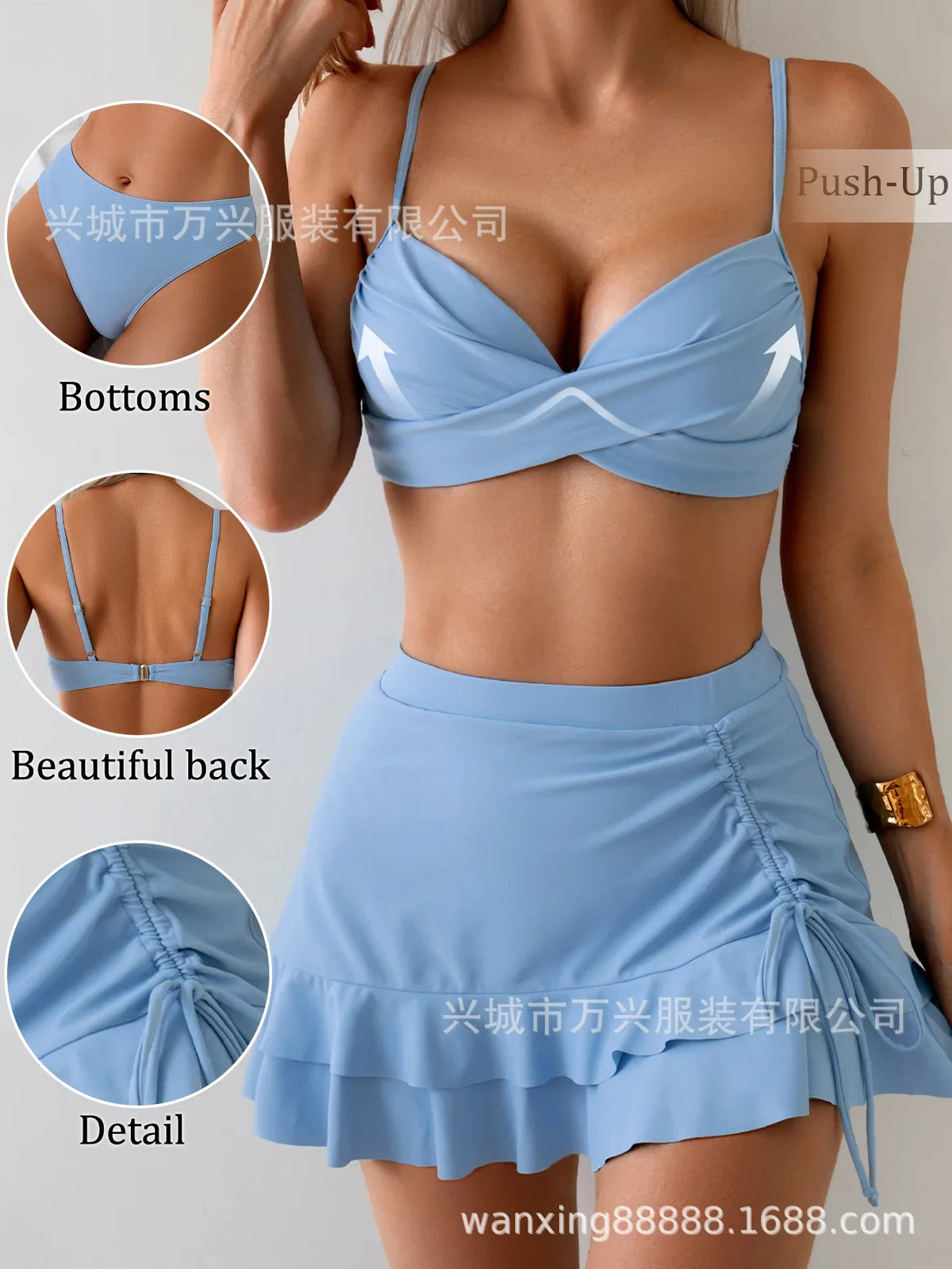 Paddeded Bikini Set Tummy Control Swimsuit for Slimming Solid Blue 3 Piece Swimwears