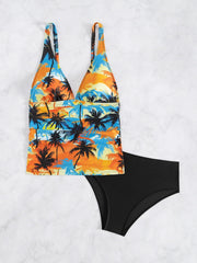 Deep V Bikini Set Strappy Halter Swim Top & Panties Printed Two Piece Swimsuit