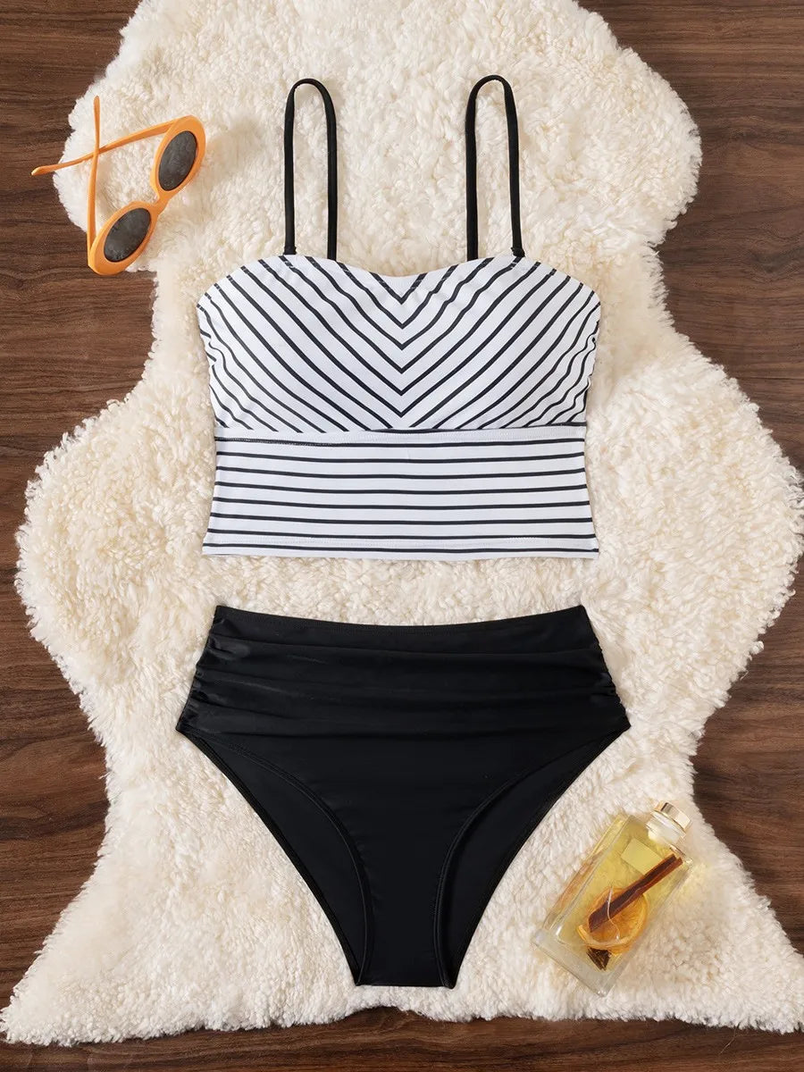 Thermal Brushed Striped Color Block Bikini Set Halter Swimsuit Two Piece