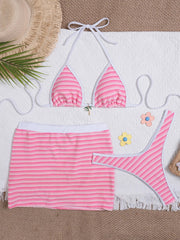 Thin Strap Halter 3 Piece Bikini Set Tummy Control Two Piece Swimsuit with Cover Up Mini Set