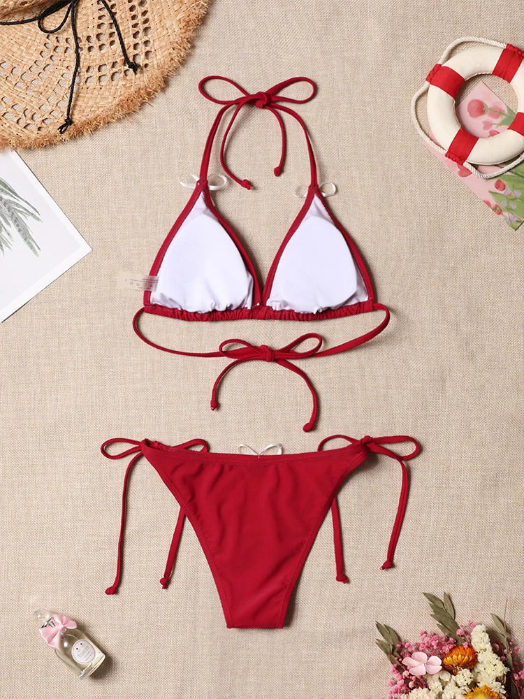 Triangle Tie Side Bikini Swimsuit Bra Solid Fashion Swimwear Biquini Set Arrival