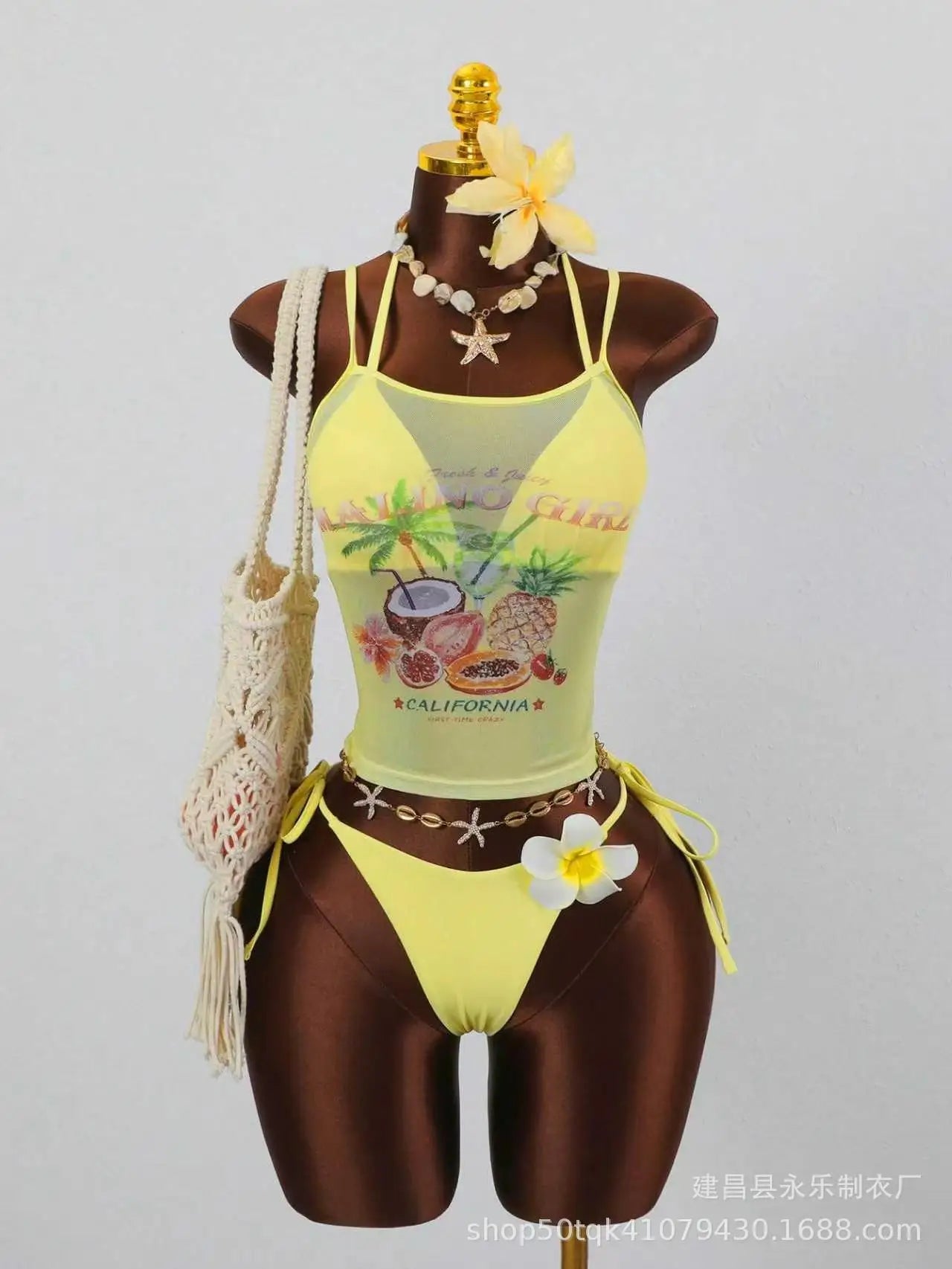 Tropical Fruit Letter Print Halter Tankini Set 3 Piece Swimsuit with Tops Cover Upwear