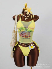 Tropical Fruit Letter Print Halter Tankini Set 3 Piece Swimsuit with Tops Cover Upwear