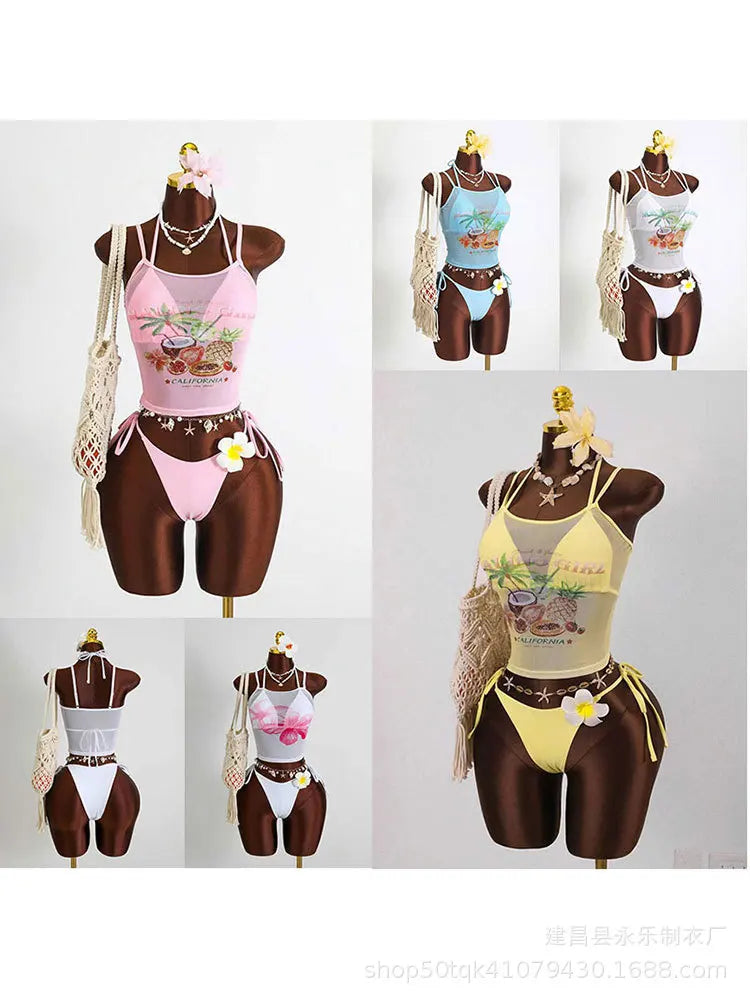 Tropical Fruit Letter Print Halter Tankini Set 3 Piece Swimsuit with Tops Cover Upwear