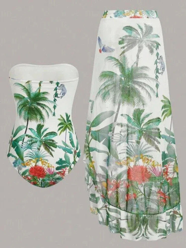 Tropical Jungle Print One Piece Swimsuit Set with Wrap Bathing Suit & Cover Up Sundress Swimsuit