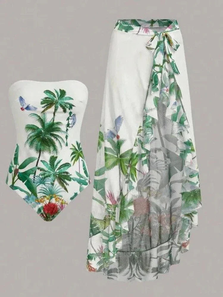 Tropical Jungle Print One Piece Swimsuit Set with Wrap Bathing Suit & Cover Up Sundress Swimsuit