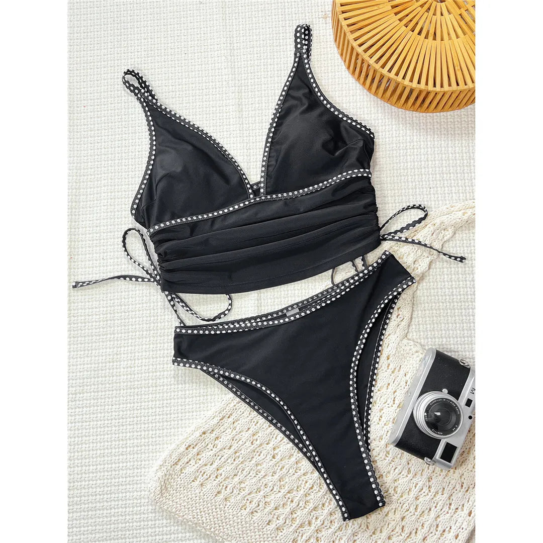V Neck Tankini Splicing Wrinkled Bikini Two-pieces Bikini Set