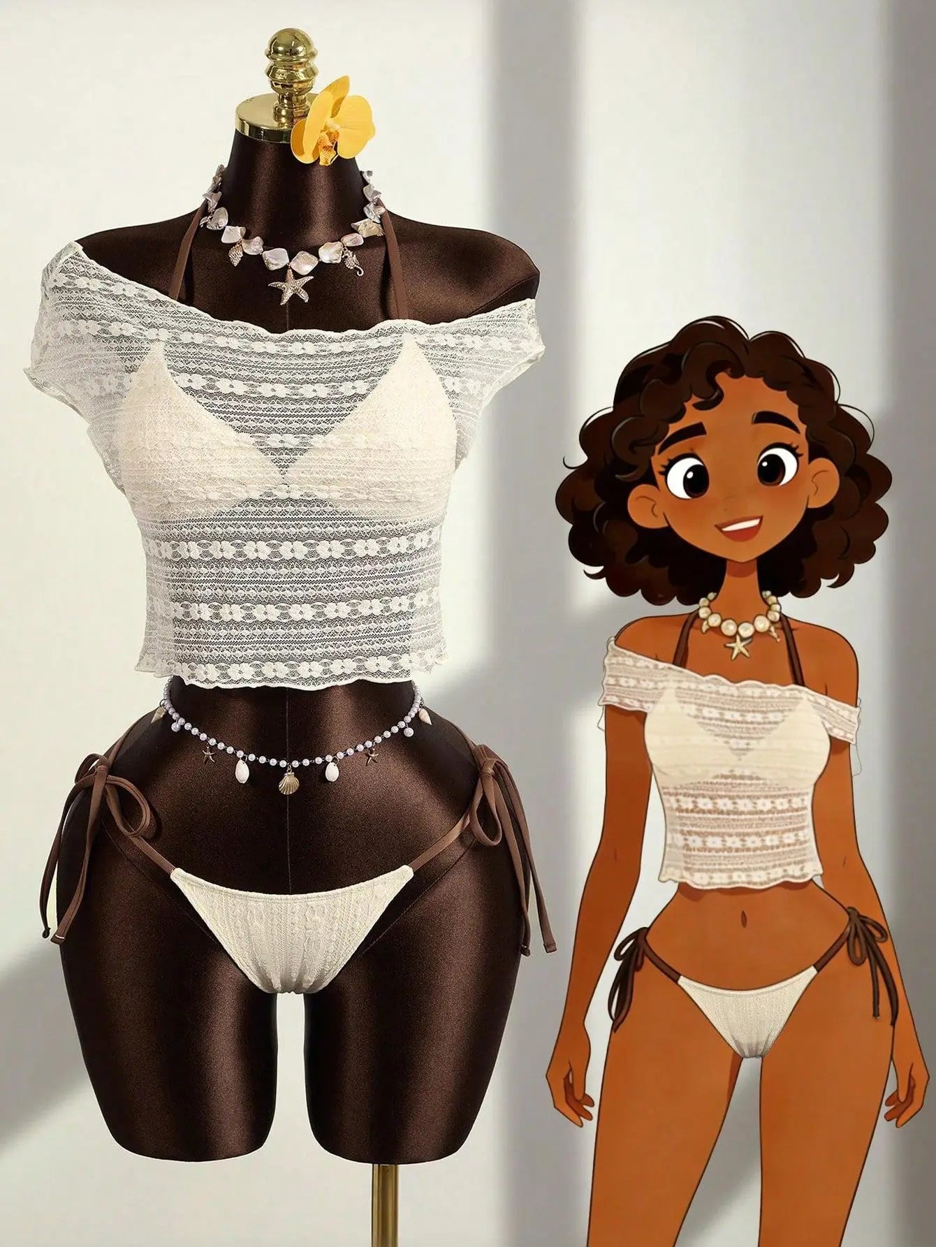 Vintage Lace Off Shoulder Tie Side Two Piece Bikini Set Tummy Control Swimsuit