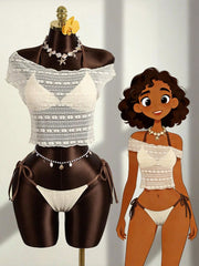 Vintage Lace Off Shoulder Tie Side Two Piece Bikini Set Tummy Control Swimsuit