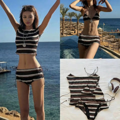 Vintage Striped Off Shoulder Two Piece Bikini Set Swimsuit Swimsuit Outfit