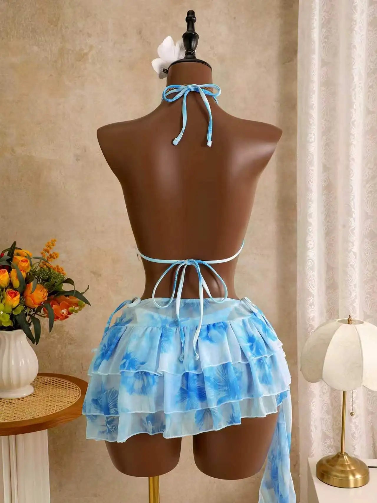 3 Piece Bikini Set Ruffle Backless Swim Dress Tummy Control Two Piece Swimsuit withwear