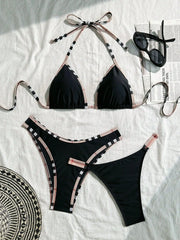 Check Print Tie Side 3 Piece Bikini Set Black Triangle Swimsuit Tummy Control Thongs Set