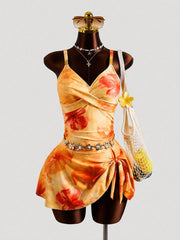 Elegant Printed One Piece Swimsuit Corset Sling Floral Swimwear Mini Dress Set