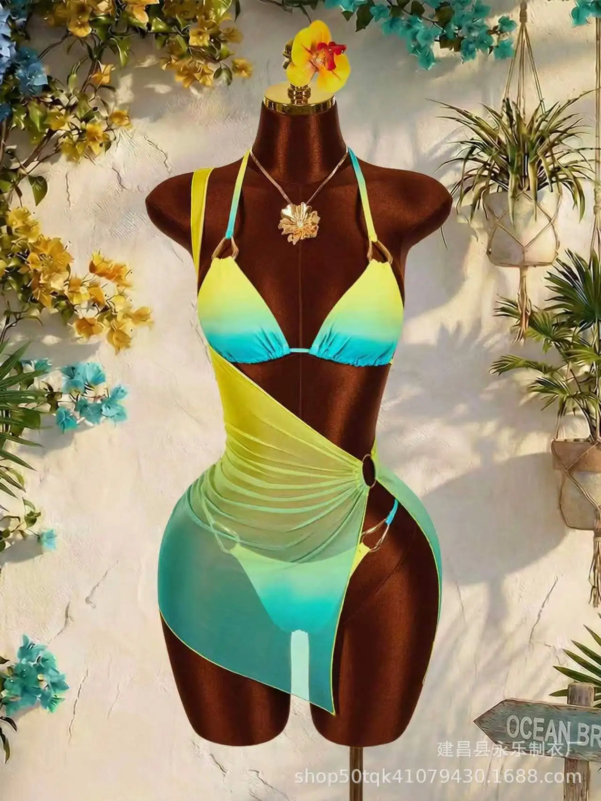 Metallic Ombre Bikini Set Tummy Control 3 Piece Swimsuit with Swimwear Cover Ups