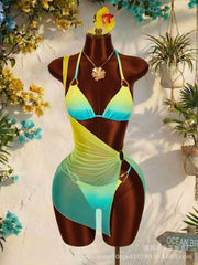 Metallic Ombre Bikini Set Tummy Control 3 Piece Swimsuit with Swimwear Cover Ups