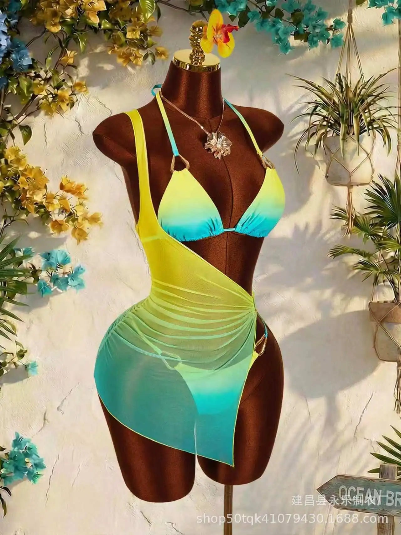 Metallic Ombre Bikini Set Tummy Control 3 Piece Swimsuit with Swimwear Cover Ups