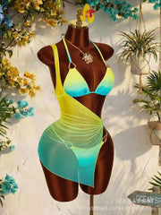 Metallic Ombre Bikini Set Tummy Control 3 Piece Swimsuit with Swimwear Cover Ups